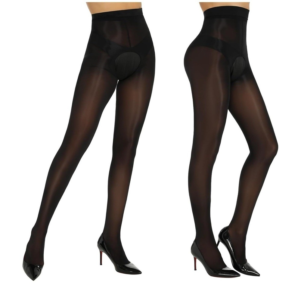 2 Pairs Women's Size S/M Black Crotchless Tummy Control Panty Hose